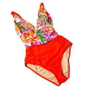 New Womens Swimsuit S/M‎ Floral One Piece Ruched Orange Accents Pool Beach